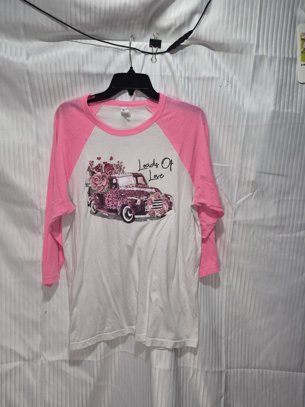 Women's Large Pink & White 'Loads of Love' Raglan Long Sleeve Tee Bella Canvas
